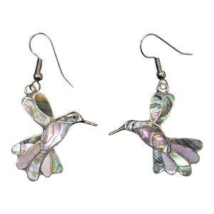Dainty Iridescent Hummingbird Abalone Shell Inlay Drop Alpaca Earrings